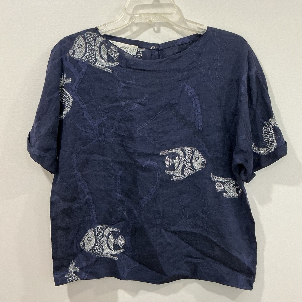 Vintage Norma Walters Linen Blend Embroidered Top Womens Size 8 Coastal Beach